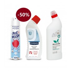 АКЦІЯ! Riem Pre-Wash 300 мл -50% + гель для видалення накипу для унітазу Starwax 750 мл + Засіб для чищення унітазу DeLaMark з ароматом смереки 1 л