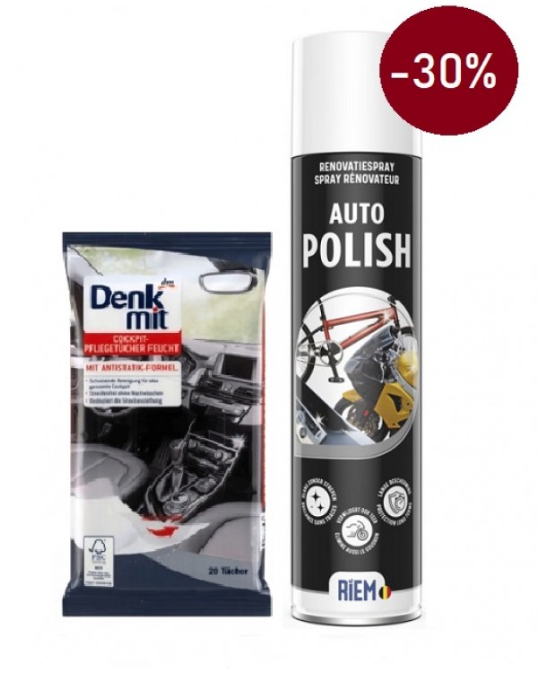 Вологі серветки для салону авто Denkmit + Auto-Polish - Поліроль для кузова, хрому, шкіри, оздоблення - RIEM -30%