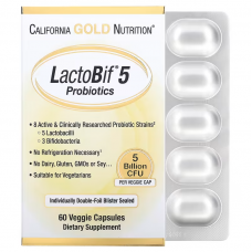 California Gold Nutrition, LactoBif, пробиотики, 5 млрд КУО, 60 вегетарианських капсул