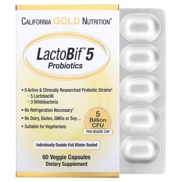 California Gold Nutrition, LactoBif, пробиотики, 5 млрд КУО, 60 вегетарианських капсул