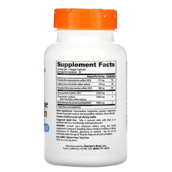 Doctor's Best, глюкозамин, хондроитин и МСМ из OptiMSM, 120 растительных капсул