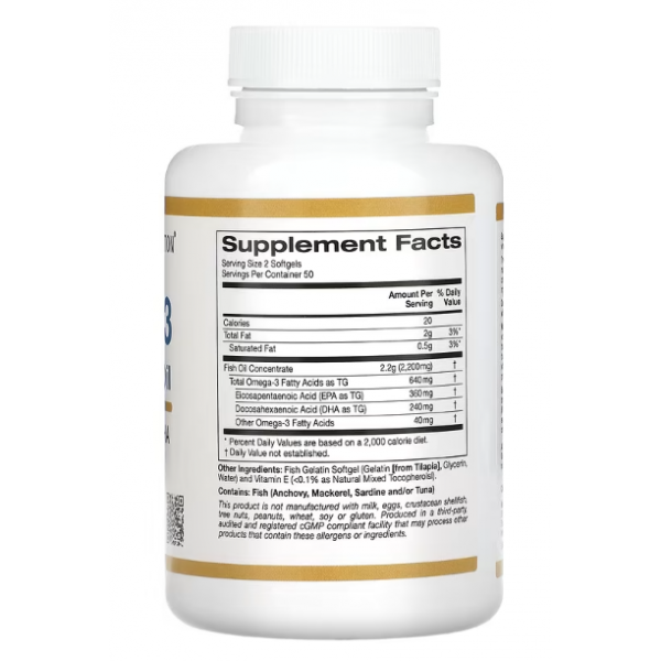 California Gold Nutrition, рыбий жир премиального качества из омега-3, 100 капсул из рыбьего желатина