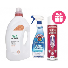 Гель для прання DeLaMark Color 4 л + плямовивідник універсальний Chante Clair Extra Power Colli & Polsini 500 мл + спрей для прасування Riem Amidon Forte 400 мл В ПОДАРУНОК
